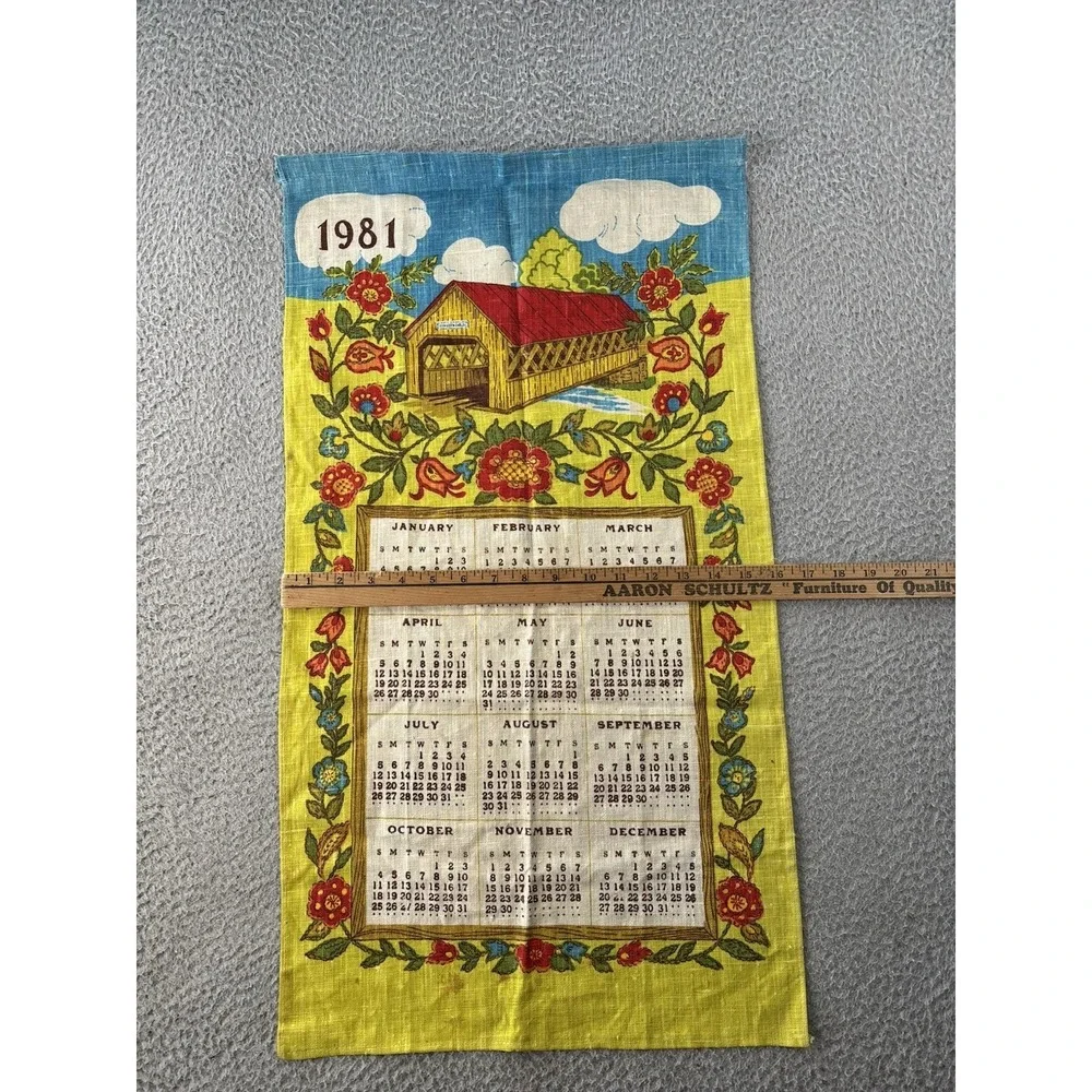 Vintage 1981 Calendar Tea Towel 16x29 Country Cottagecore Floral